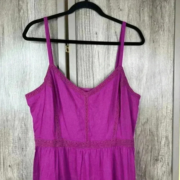 Loft Dress Sz 12 Midi Lace Trim Linen Blend Strappy Magenta NWT - Picture 3 of 11